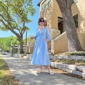 J Crew EUC Light Blue V-Neck Midi Dress Soft Gauze Size L Cotton Lightweight